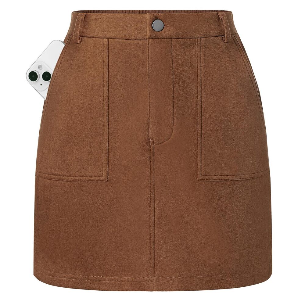 1230 Plus Size Suede Skirts , High Waisted Mini Pencil Skirt, Fall Brown